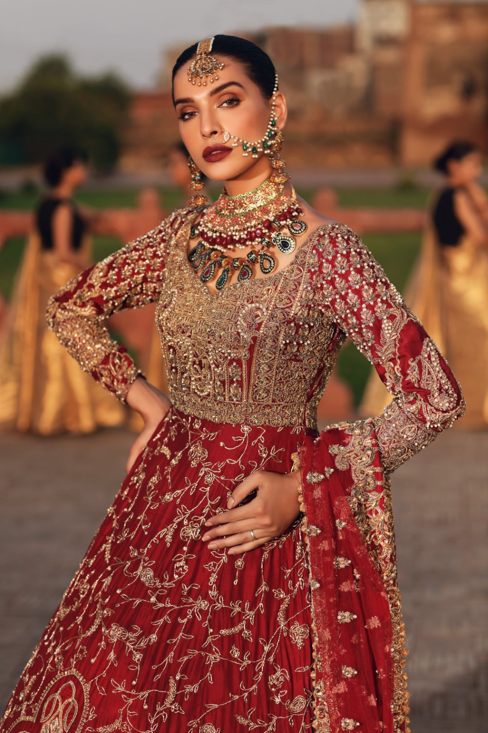 Pakistani Deep Red Zardozi Raw Silk Bridal Lehenga (3-Piece) - Image 1