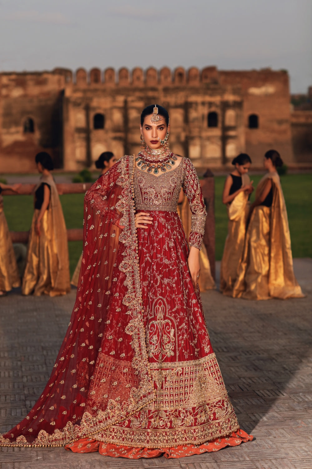 Pakistani Deep Red Zardozi Raw Silk Bridal Lehenga (3-Piece) - Image 2