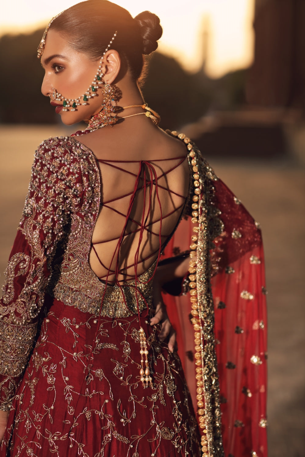 Pakistani Deep Red Zardozi Raw Silk Bridal Lehenga (3-Piece) - Image 6