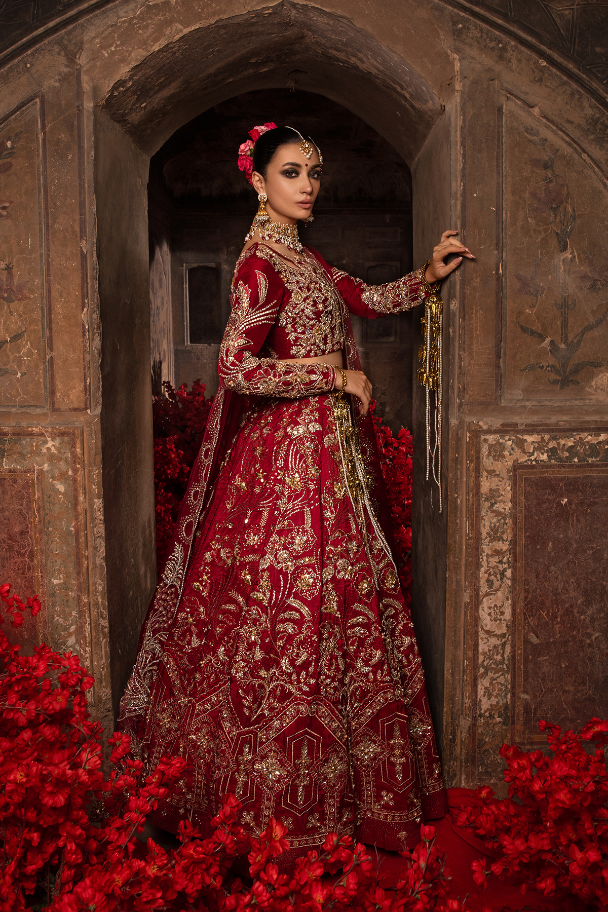 Pakistani Deep Red 3D Embellished Raw Silk Lehnga Choli (3-Piece) - Image 4