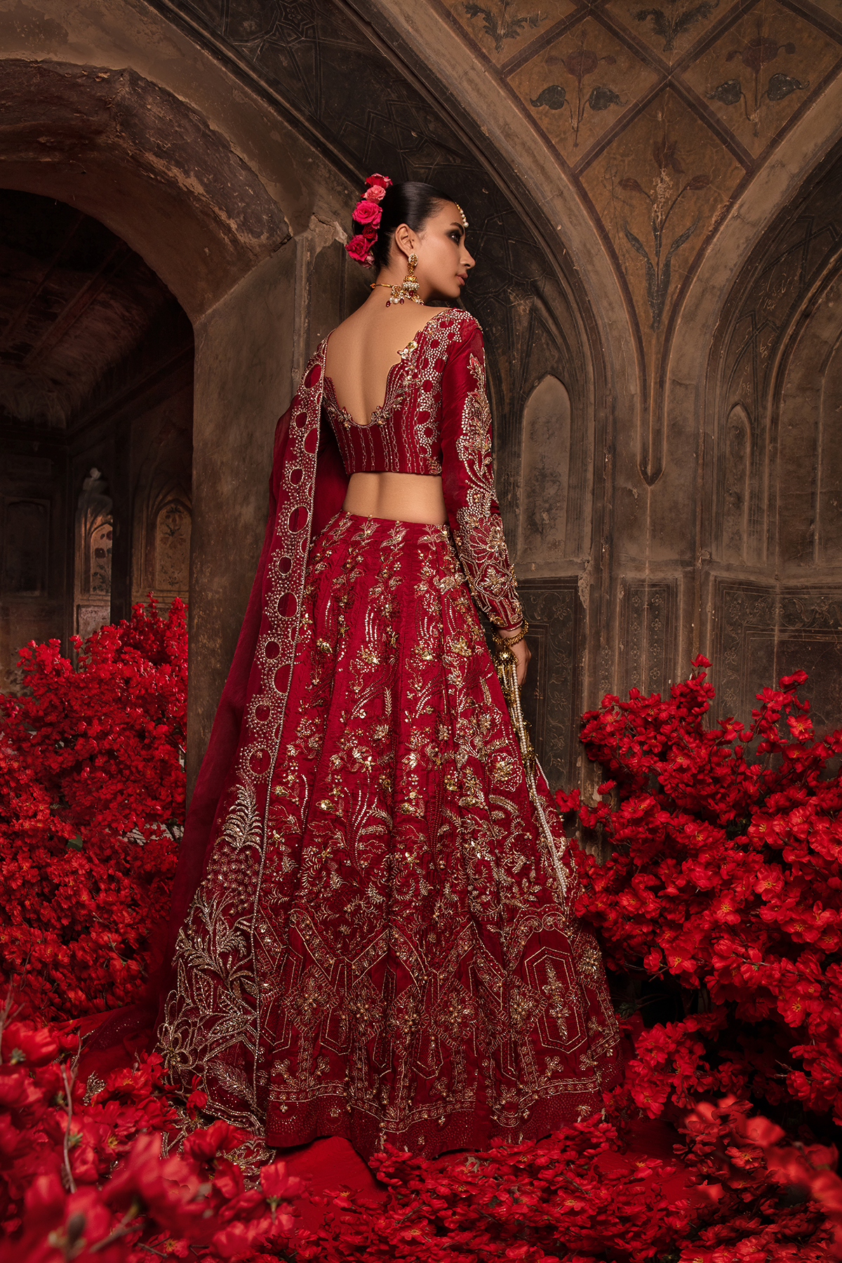 Pakistani Deep Red 3D Embellished Raw Silk Lehnga Choli (3-Piece) - Image 7
