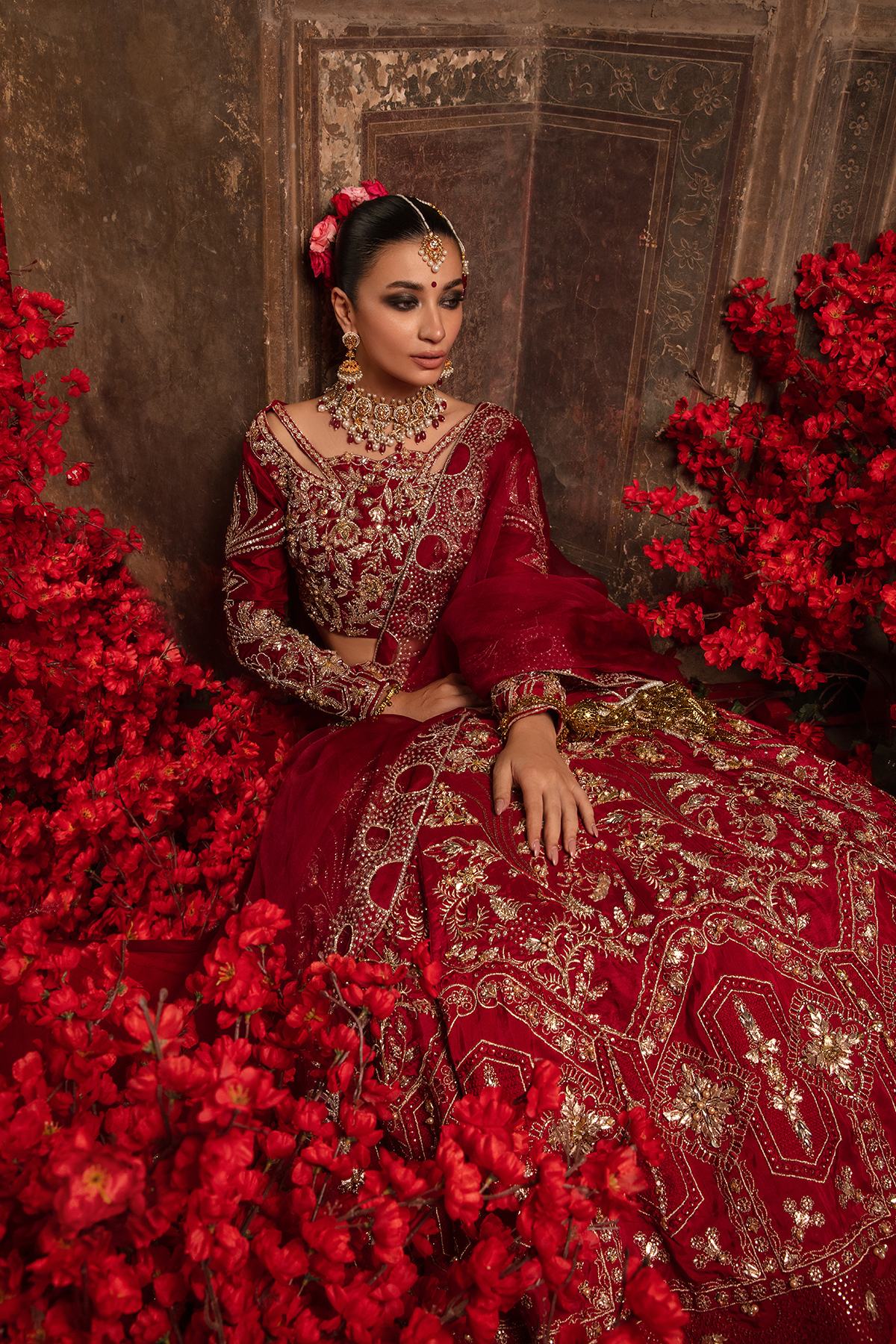 Pakistani Deep Red 3D Embellished Raw Silk Lehnga Choli (3-Piece) - Image 9
