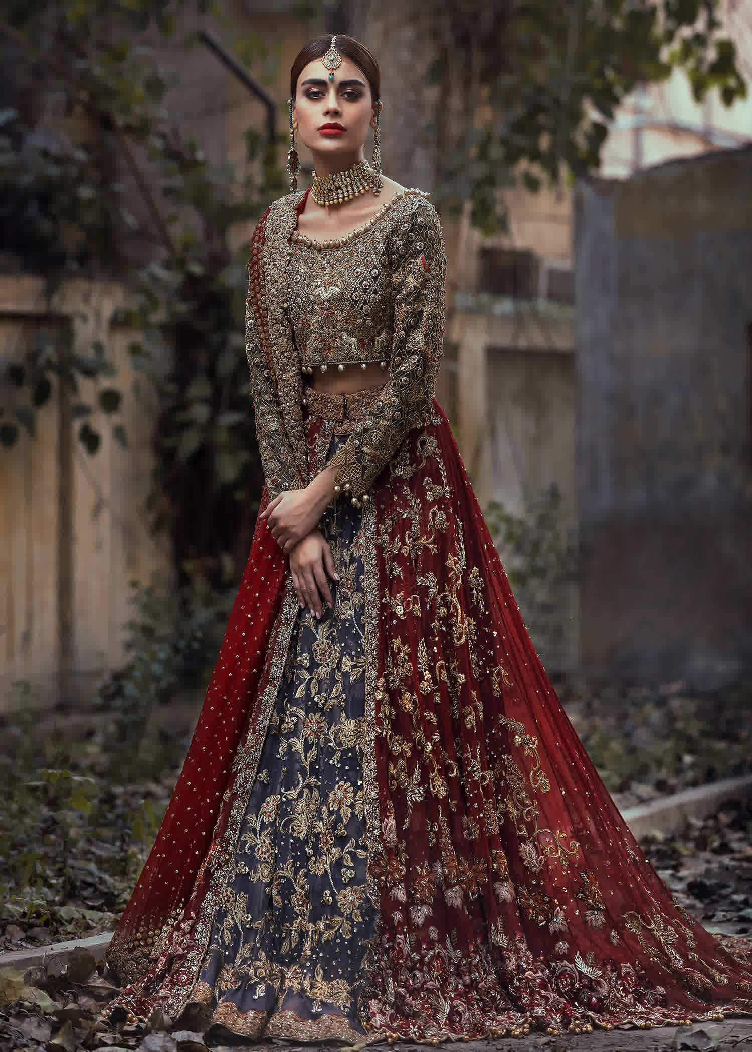 Pakistani Deep Red and Navy Embellished Raw Silk Bridal Lehenga (3-Piece) - Image 1