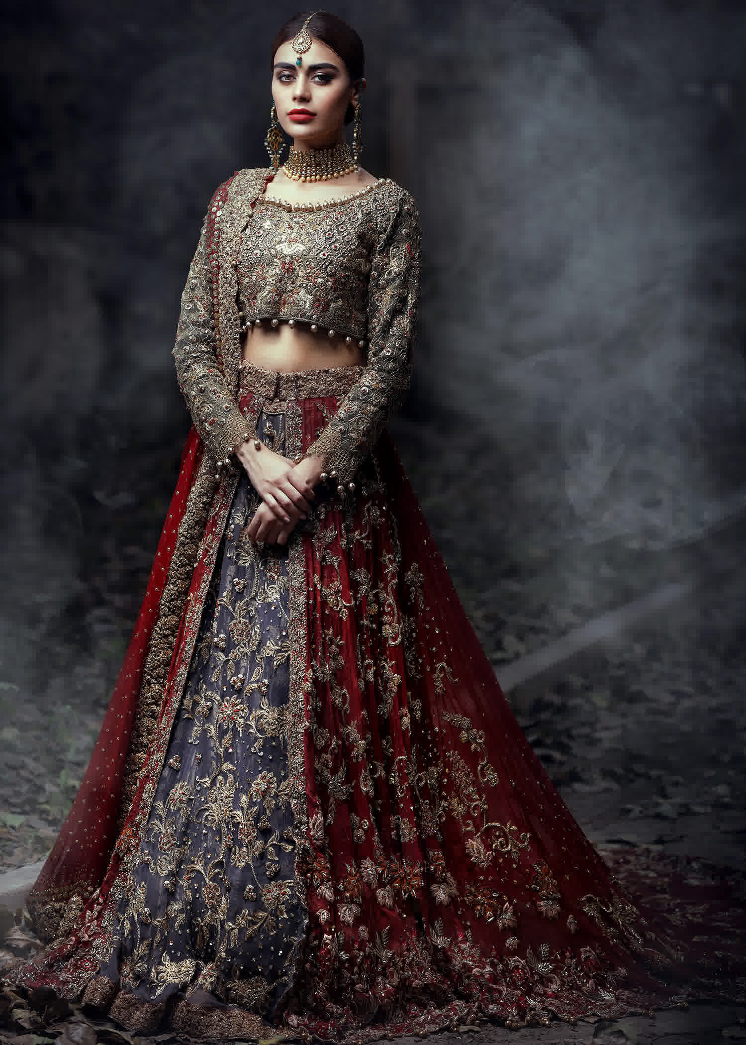 Pakistani Deep Red and Navy Embellished Raw Silk Bridal Lehenga (3-Piece) - Image 2