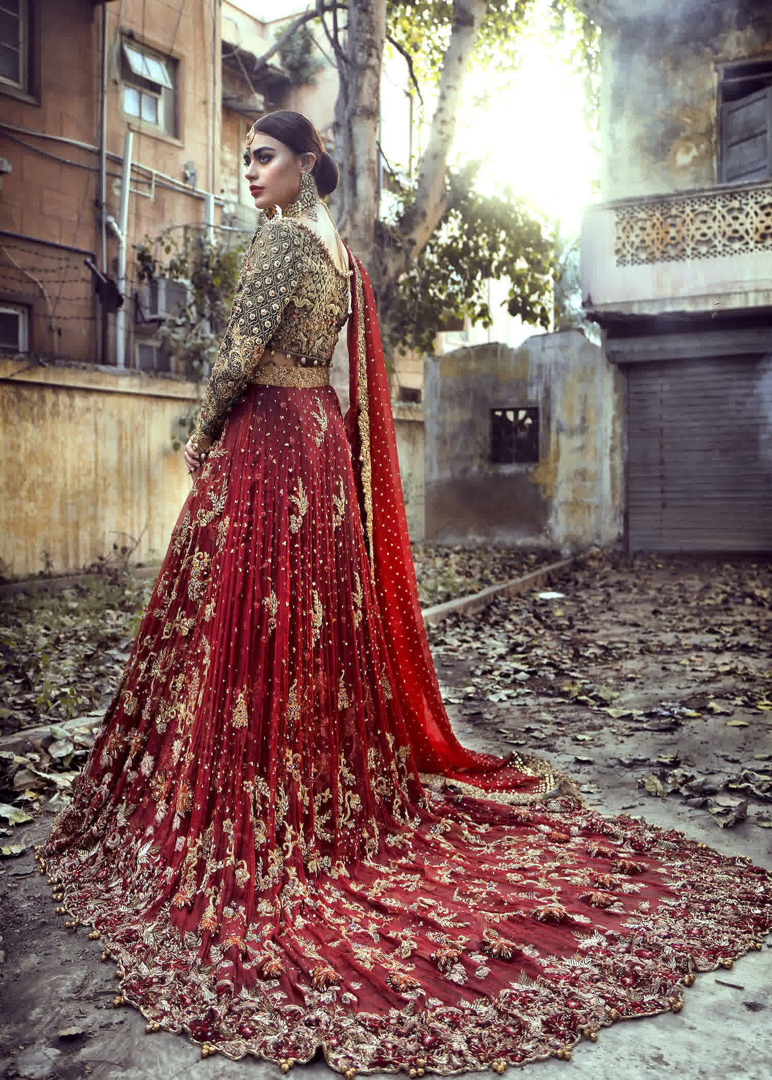 Pakistani Deep Red and Navy Embellished Raw Silk Bridal Lehenga (3-Piece) - Image 3