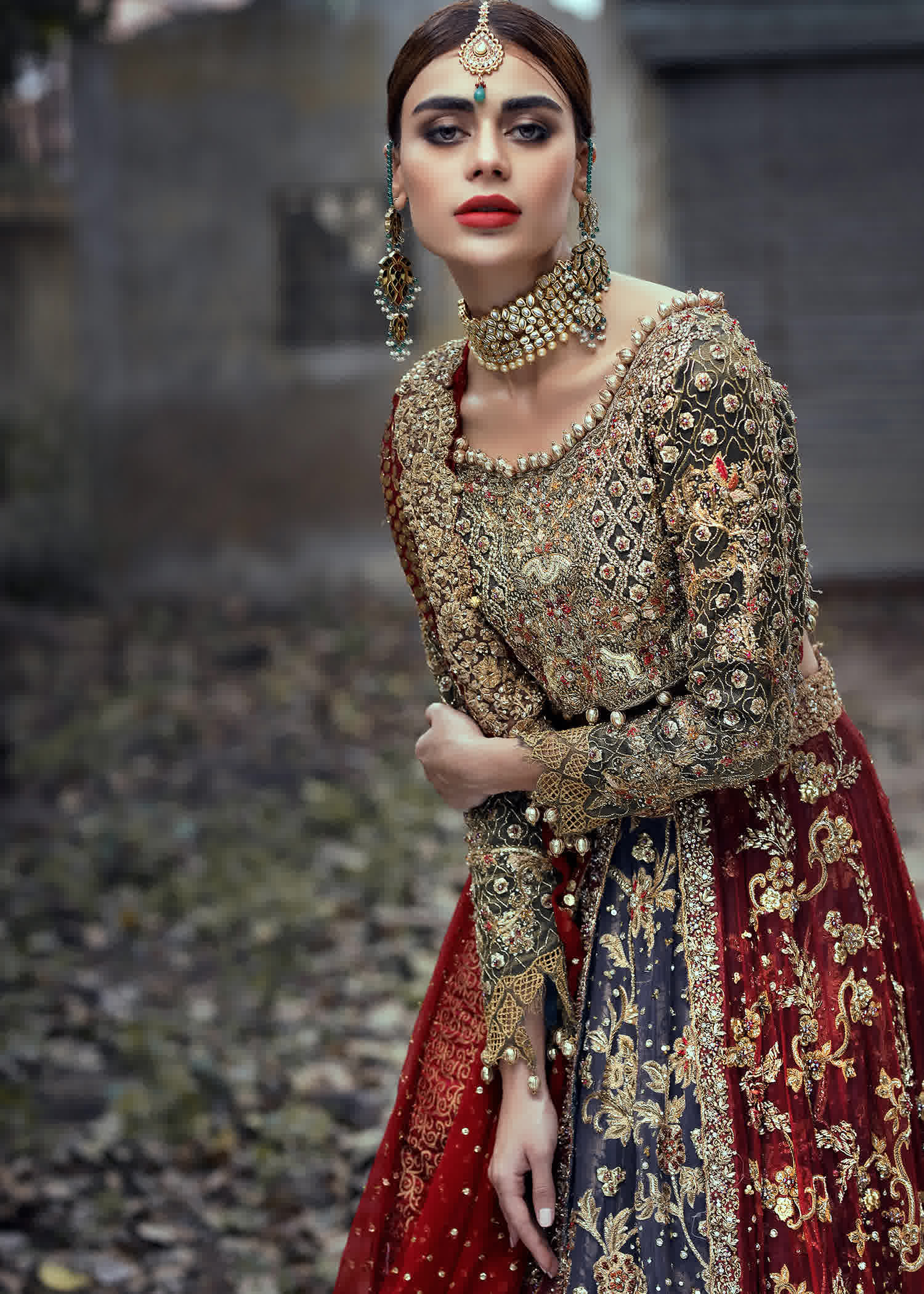 Pakistani Deep Red and Navy Embellished Raw Silk Bridal Lehenga (3-Piece) - Image 4