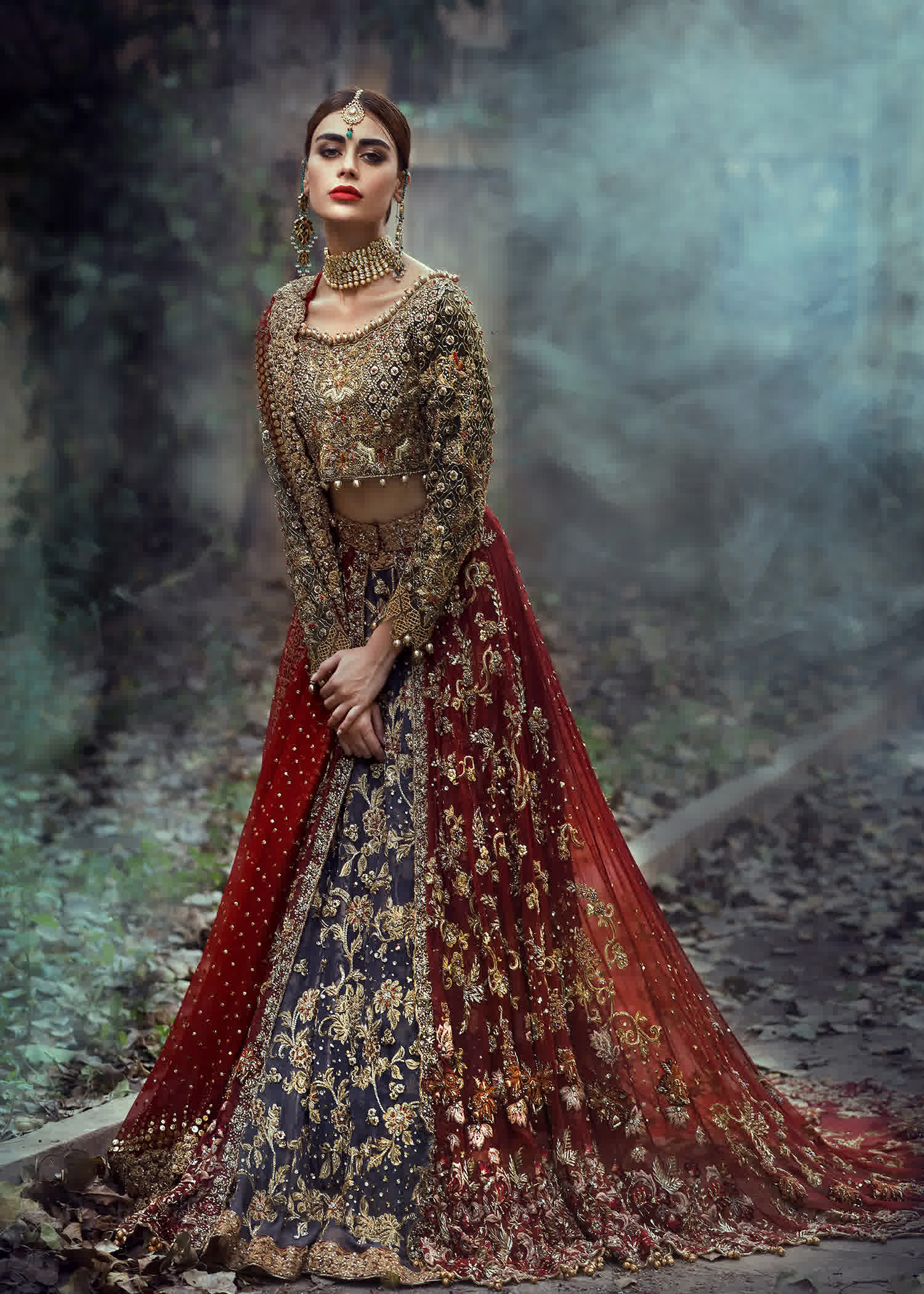 Pakistani Deep Red and Navy Embellished Raw Silk Bridal Lehenga (3-Piece) - Image 5
