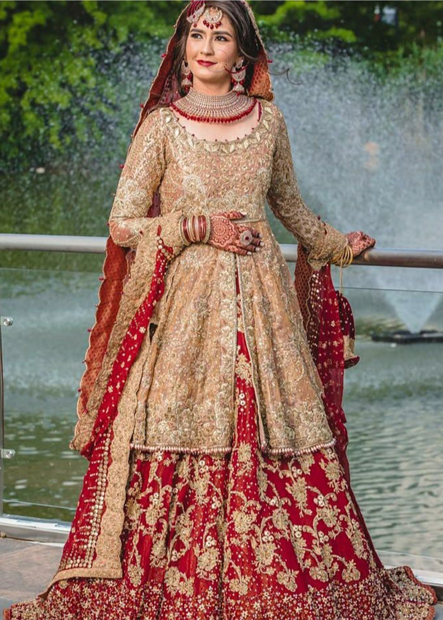 Pakistani Deep Red Zardozi Raw Silk Bridal Lehenga (3-Piece) - Image 2