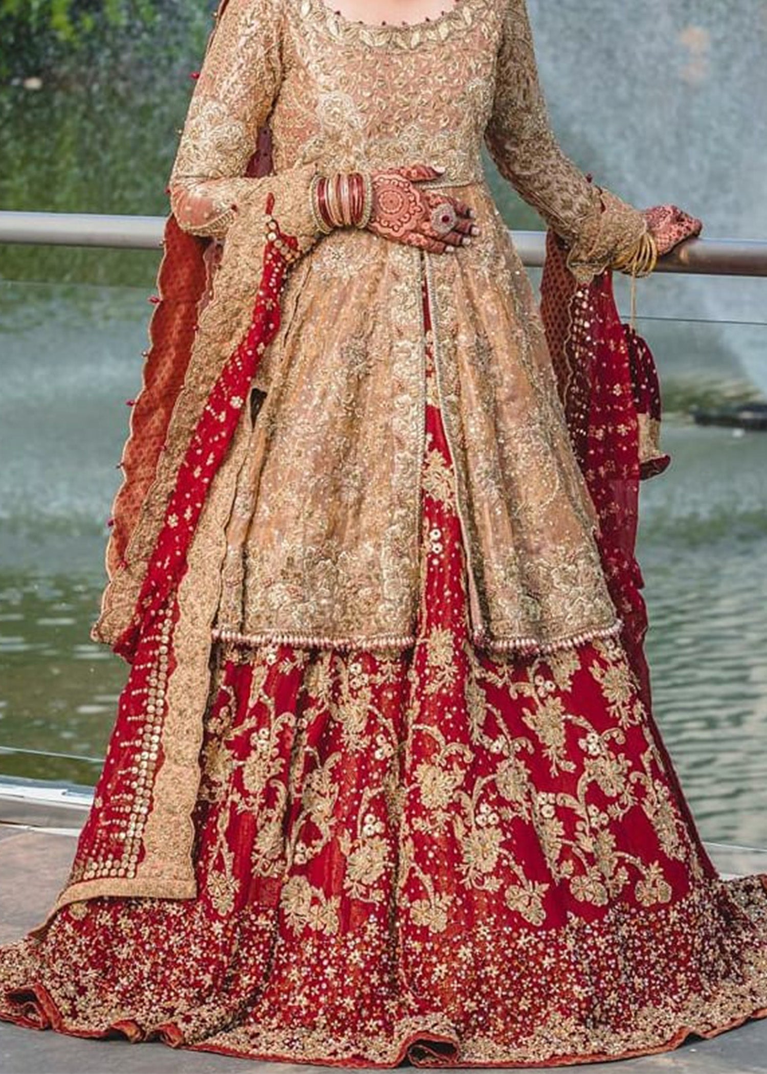 Pakistani Deep Red Zardozi Raw Silk Bridal Lehenga (3-Piece) - Image 3