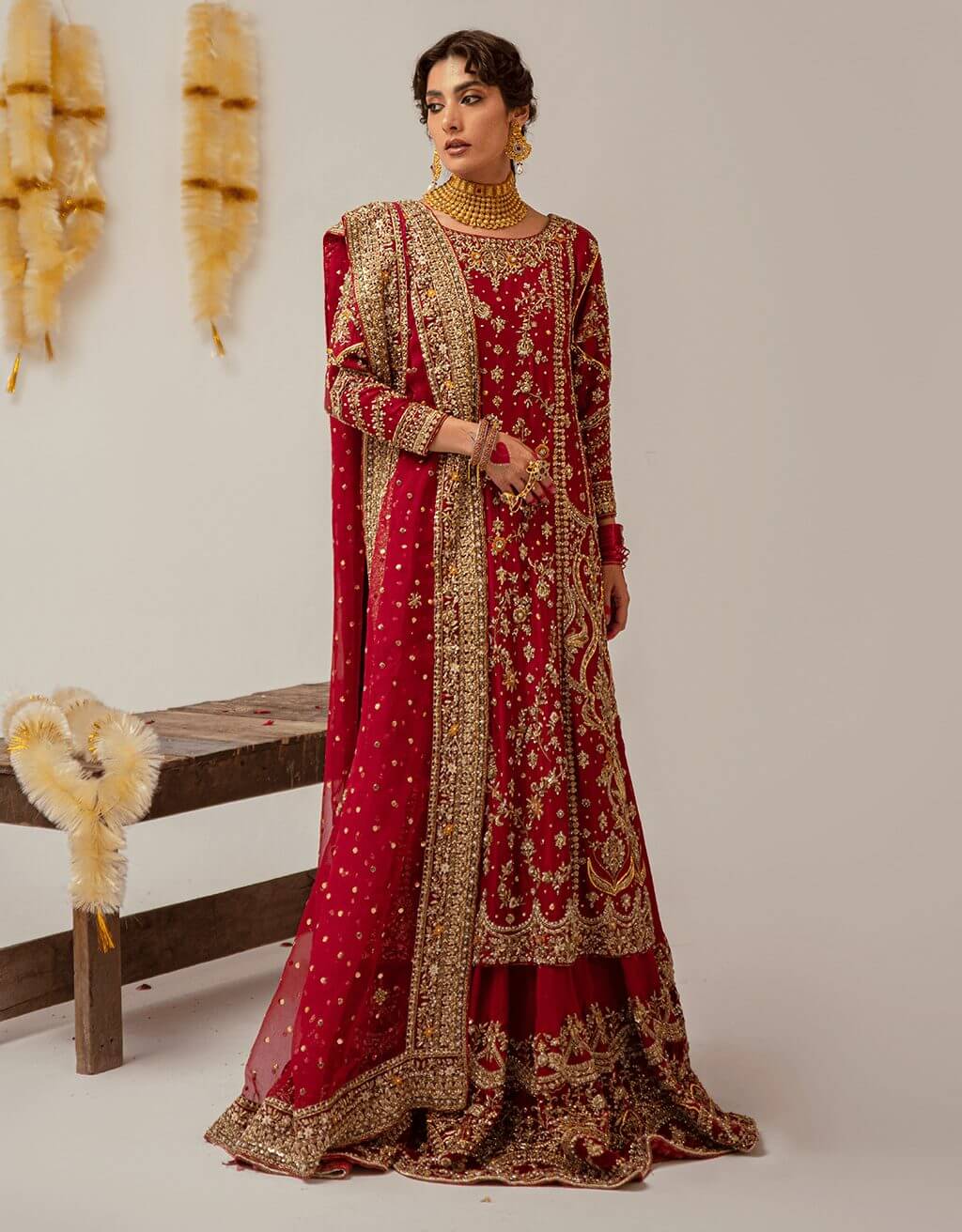 Deep Red Embroidered Raw Silk Bridal Lehenga (3-Piece) - Image 1