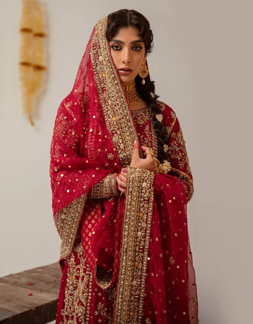 Deep Red Embroidered Raw Silk Bridal Lehenga (3-Piece) - Image 2