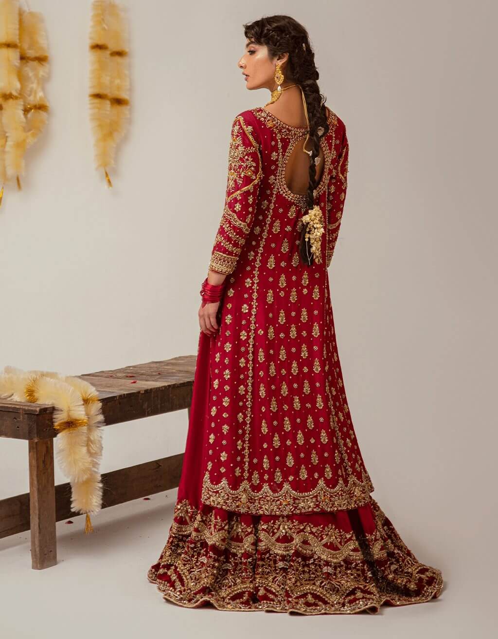 Deep Red Embroidered Raw Silk Bridal Lehenga (3-Piece) - Image 3