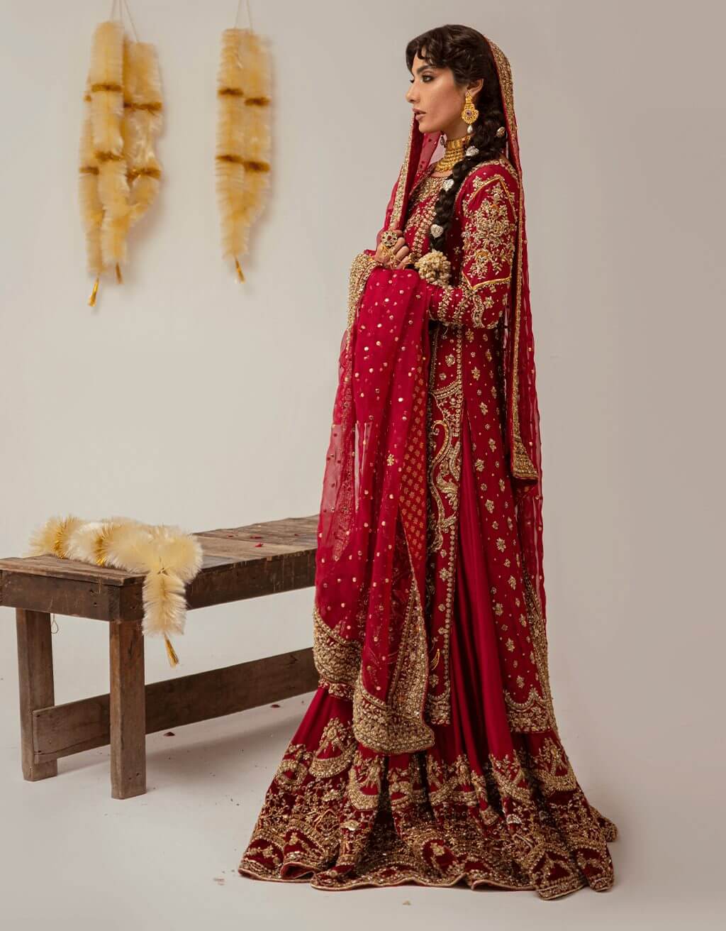 Deep Red Embroidered Raw Silk Bridal Lehenga (3-Piece) - Image 5