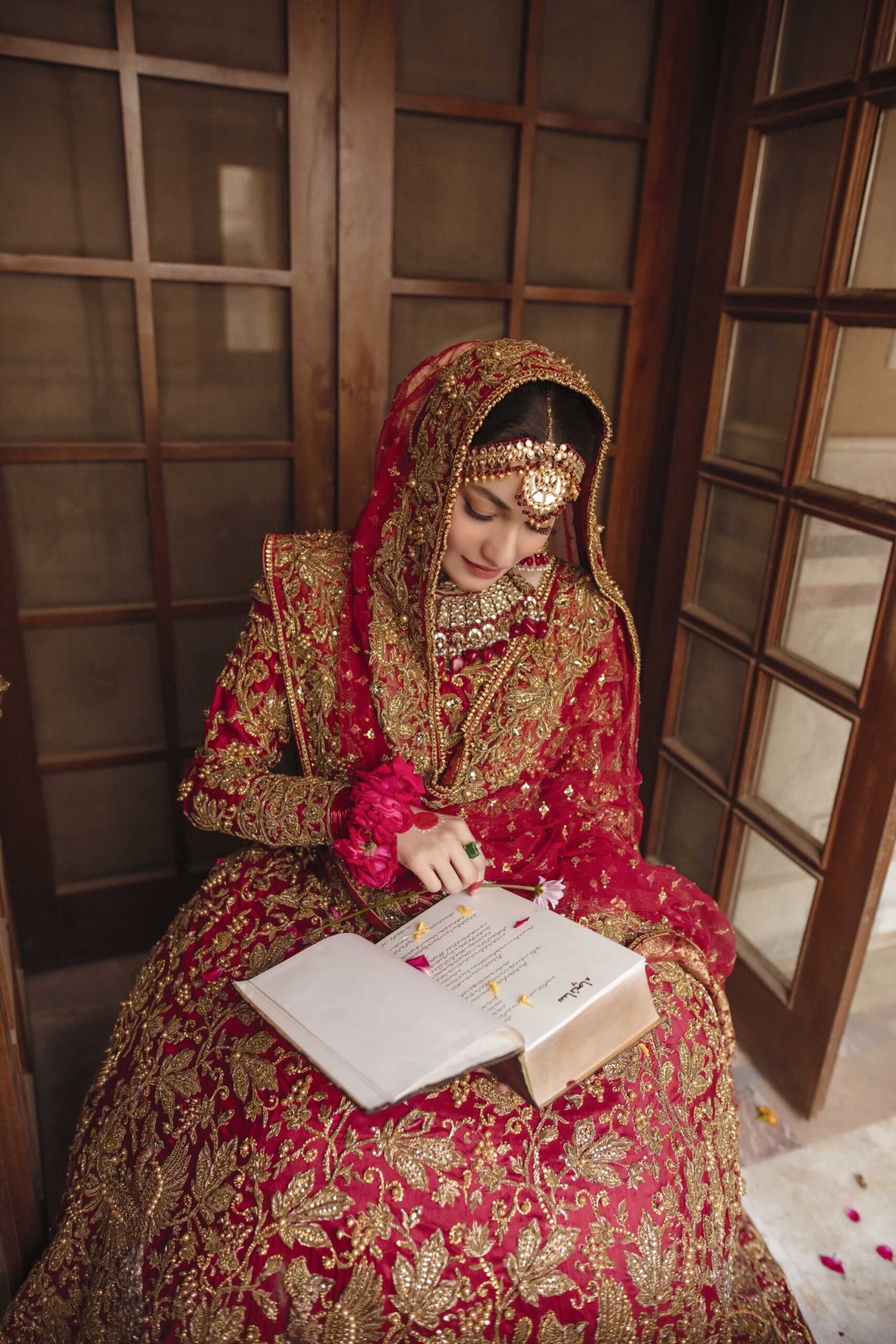 Red Antique Champagne Embroidered Raw Silk Bridal Lehenga (3-Piece) - Image 1