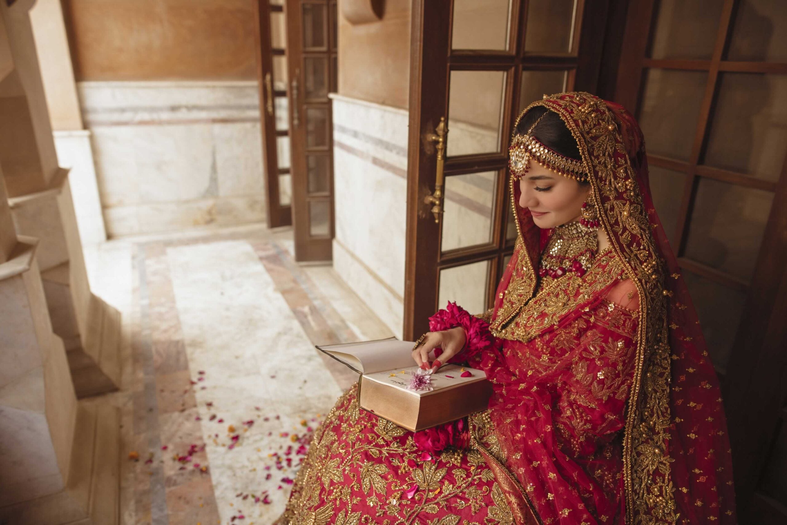 Red Antique Champagne Embroidered Raw Silk Bridal Lehenga (3-Piece) - Image 2