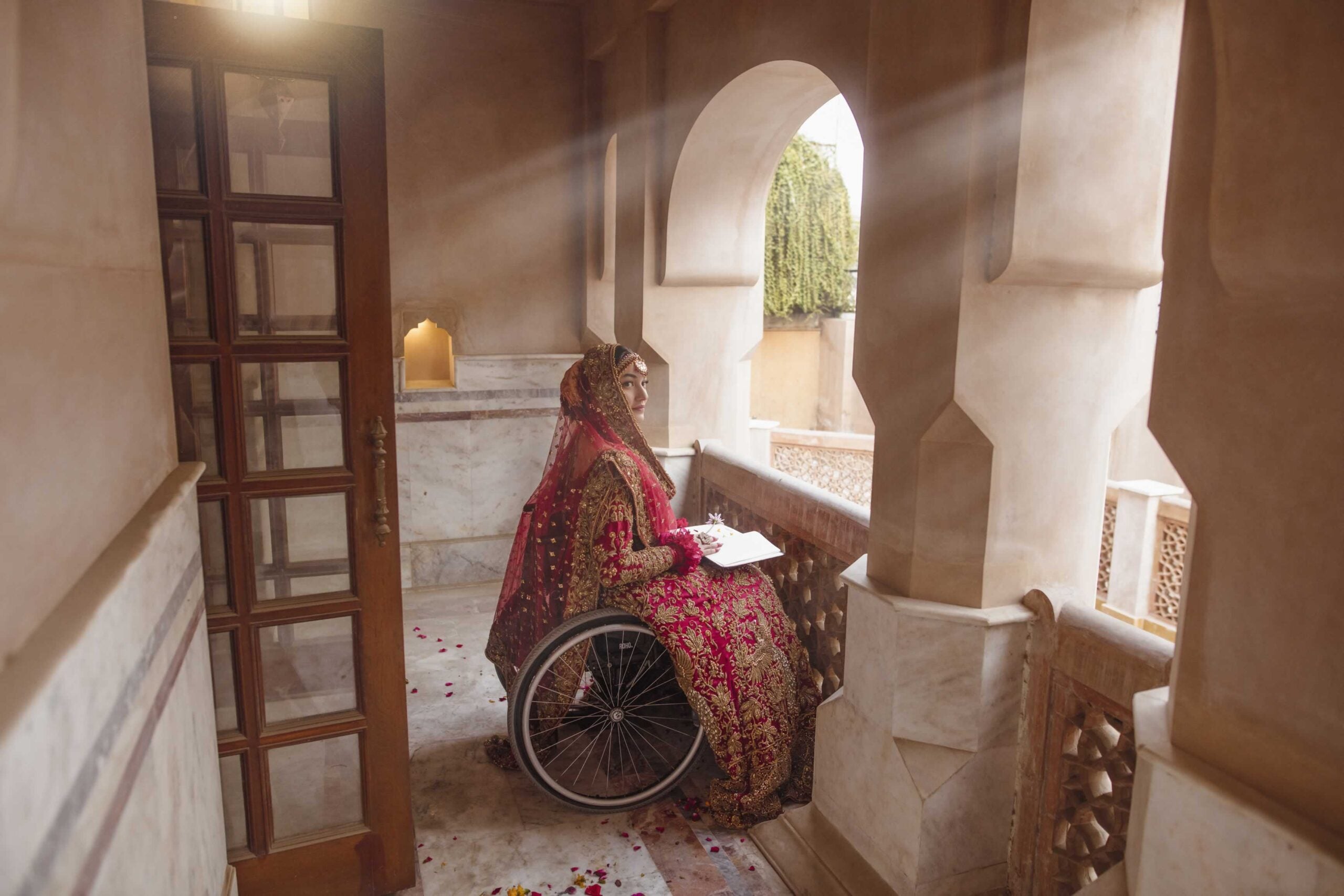 Red Antique Champagne Embroidered Raw Silk Bridal Lehenga (3-Piece) - Image 3