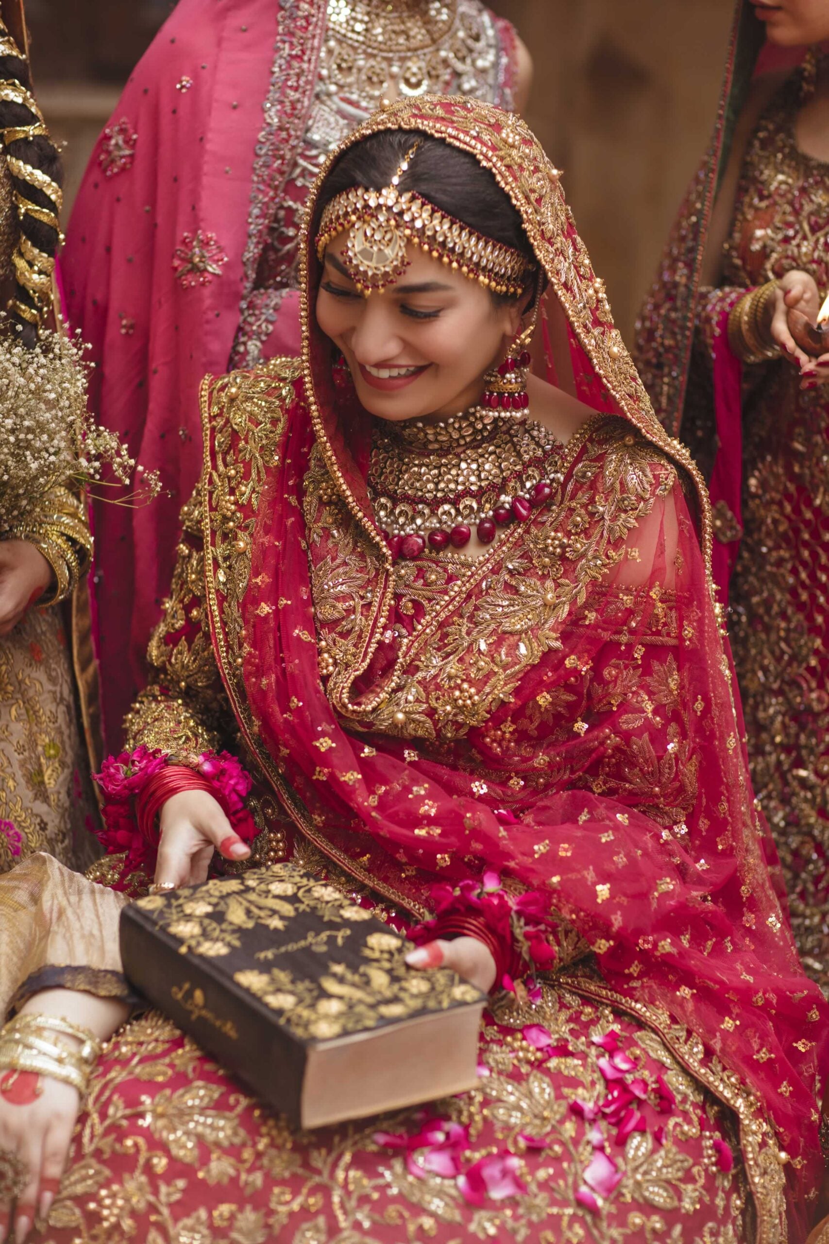 Red Antique Champagne Embroidered Raw Silk Bridal Lehenga (3-Piece) - Image 4