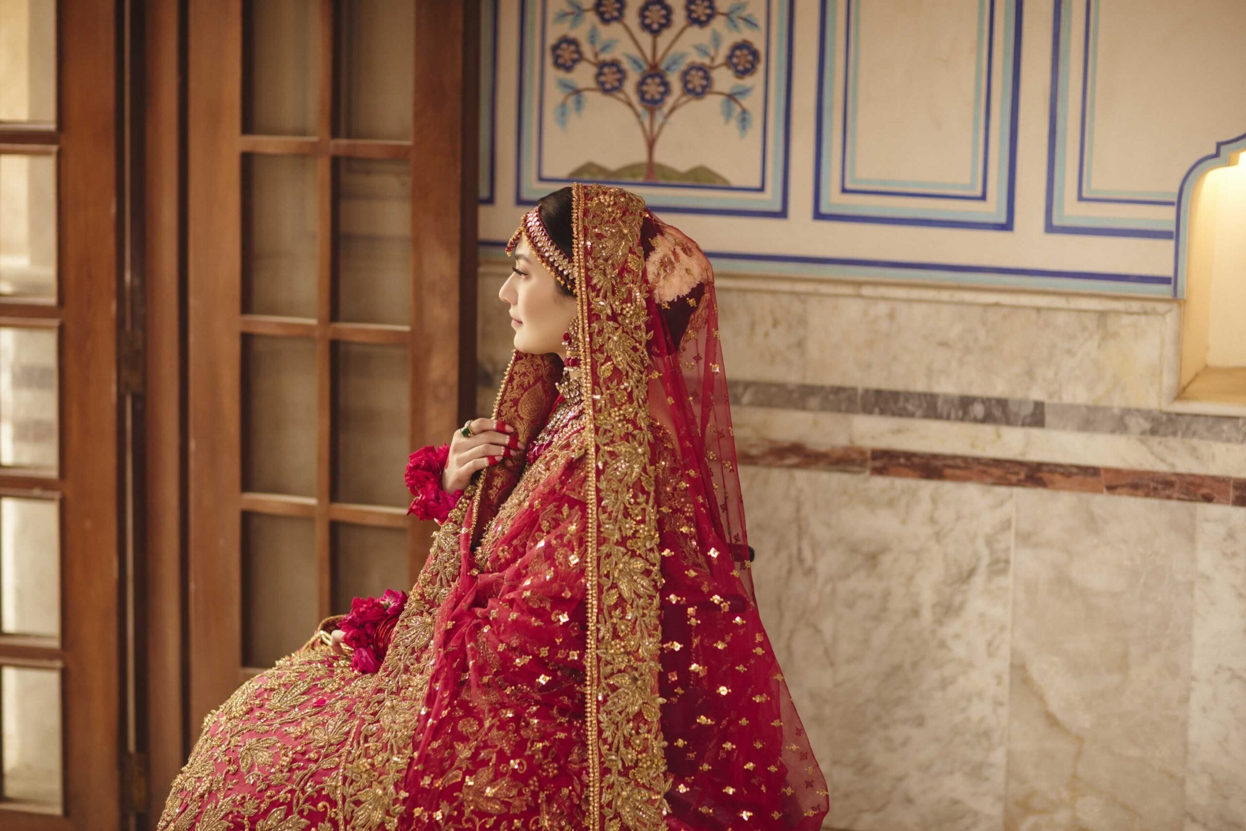 Red Antique Champagne Embroidered Raw Silk Bridal Lehenga (3-Piece) - Image 5