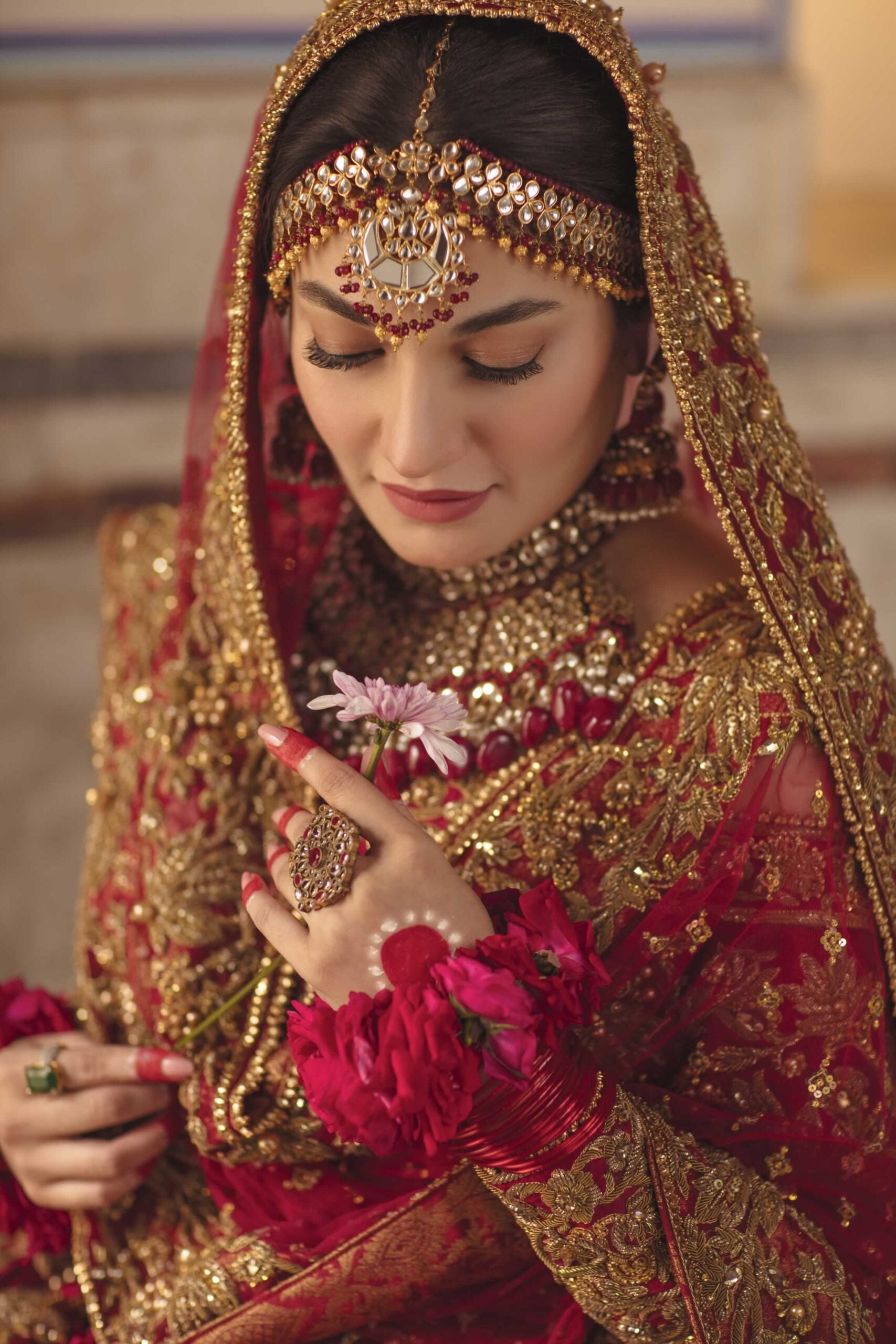 Red Antique Champagne Embroidered Raw Silk Bridal Lehenga (3-Piece) - Image 6