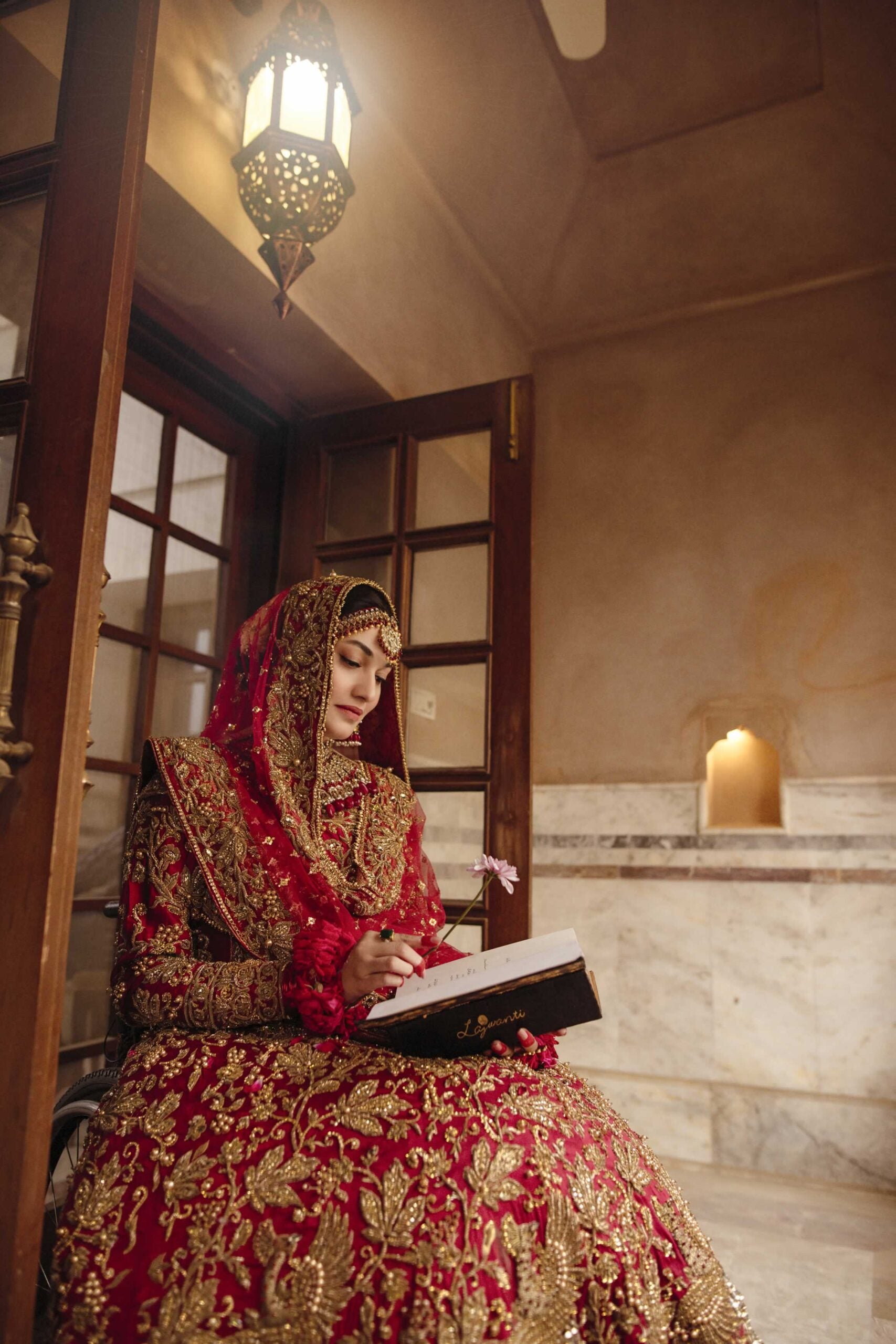 Red Antique Champagne Embroidered Raw Silk Bridal Lehenga (3-Piece) - Image 7