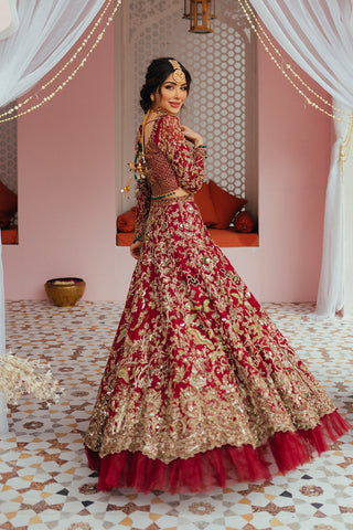 Red Zardozi Raw Silk Lehenga Choli (3-Piece) - Image 2