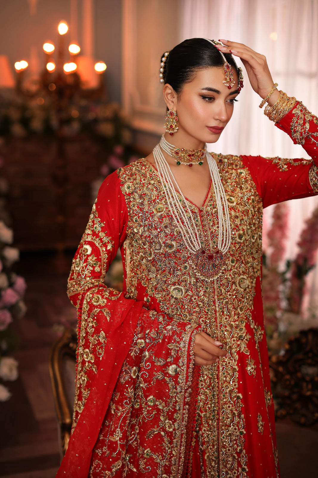 Pakistani Royal Red Zardozi Pure Raw Silk Bridal Lehenga (3-Piece) - Image 3