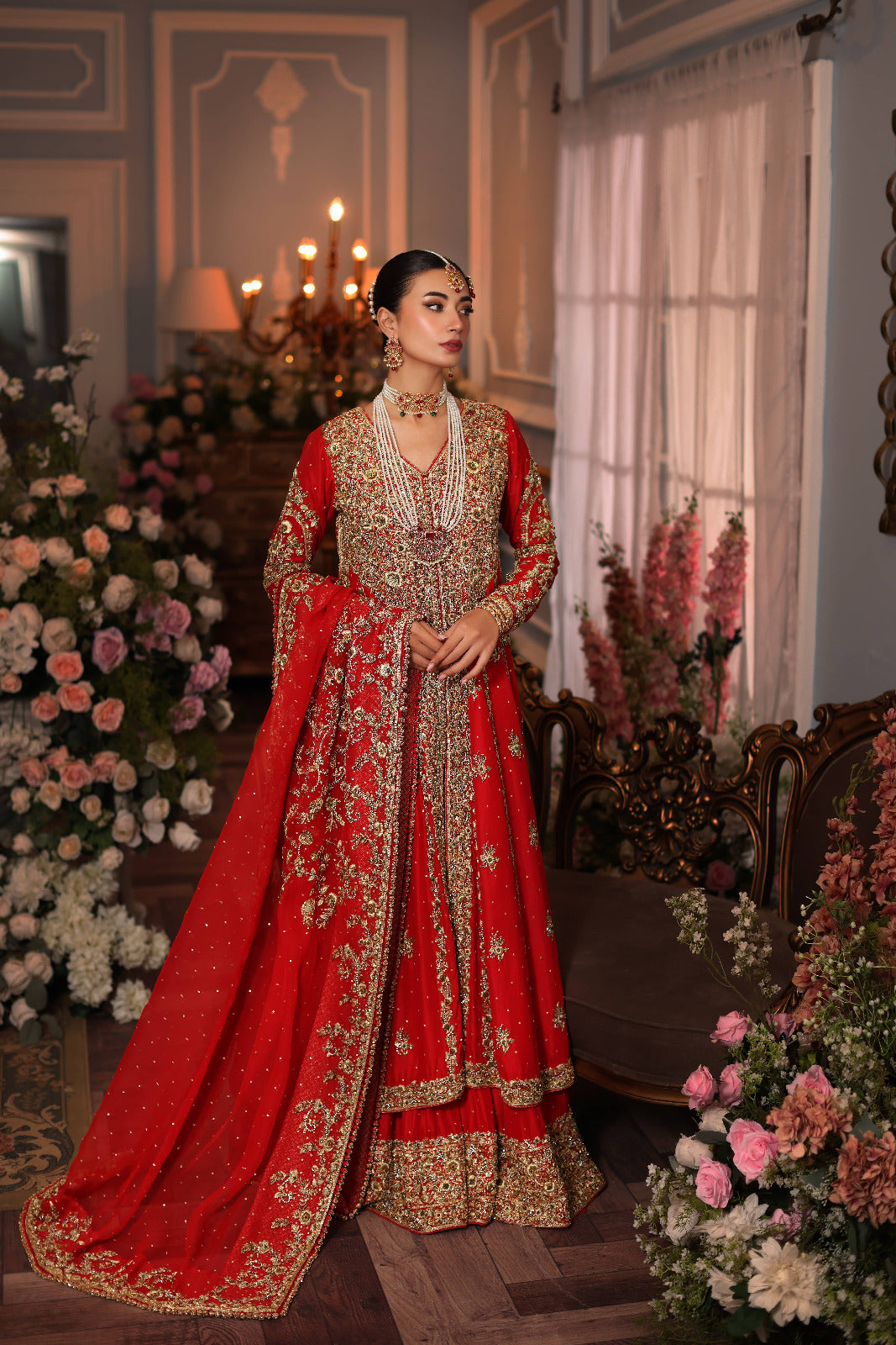 Pakistani Royal Red Zardozi Pure Raw Silk Bridal Lehenga (3-Piece) - Image 4