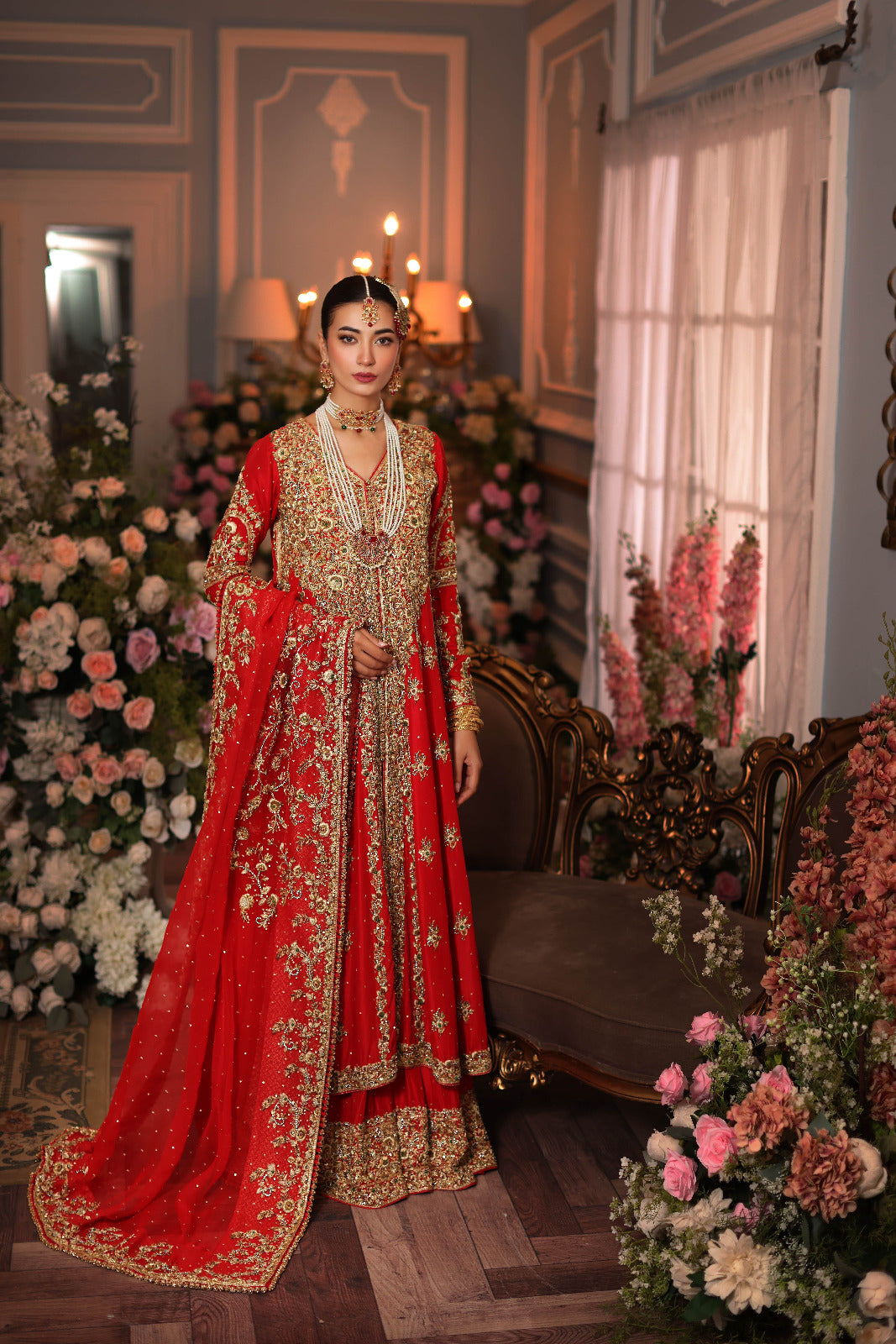 Pakistani Royal Red Zardozi Pure Raw Silk Bridal Lehenga (3-Piece) - Image 5