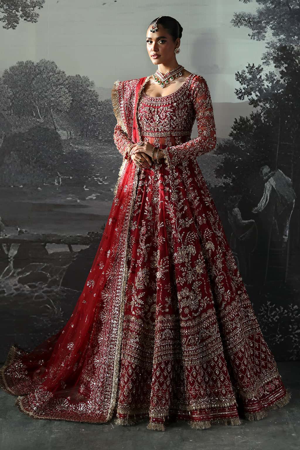 Rose Red Hand-Embellished Net & Raw Silk Bridal Lehenga (3-Piece) - Image 1