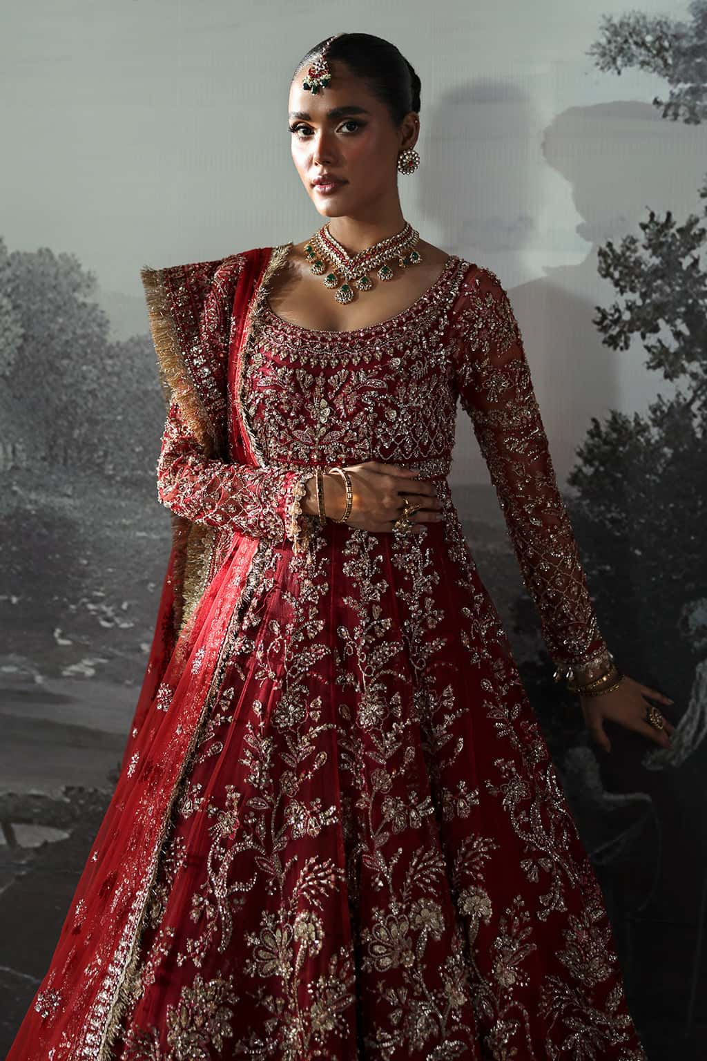 Rose Red Hand-Embellished Net & Raw Silk Bridal Lehenga (3-Piece) - Image 3