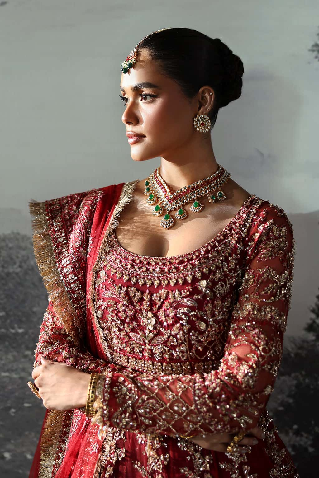 Rose Red Hand-Embellished Net & Raw Silk Bridal Lehenga (3-Piece) - Image 4