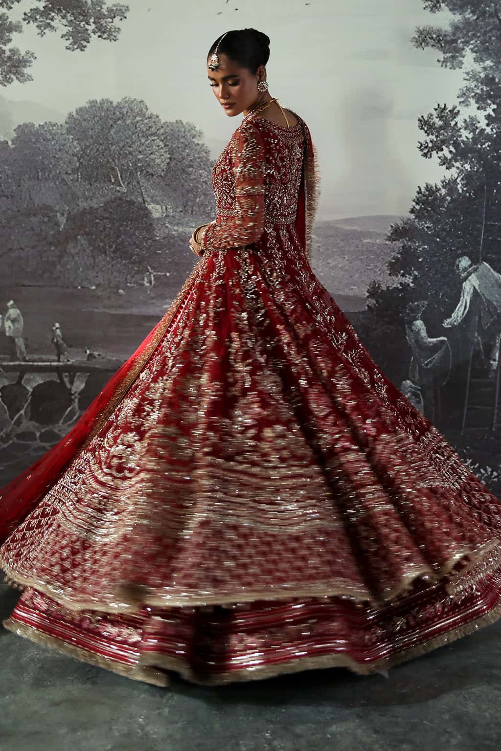 Rose Red Hand-Embellished Net & Raw Silk Bridal Lehenga (3-Piece) - Image 6