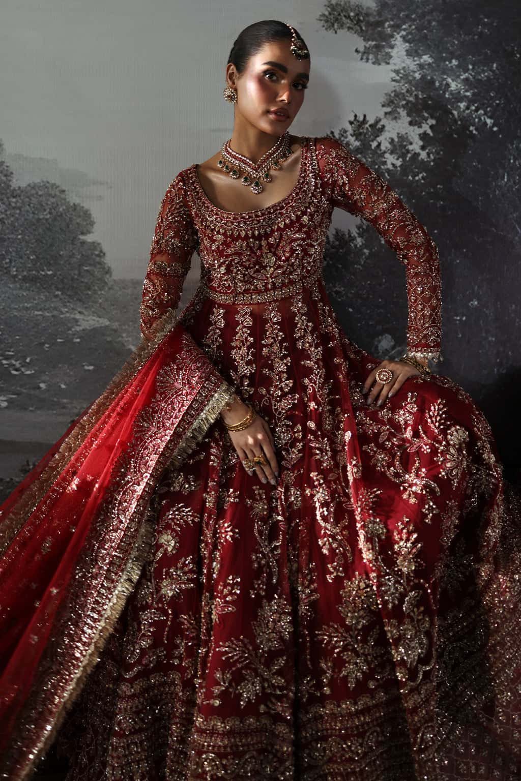 Rose Red Hand-Embellished Net & Raw Silk Bridal Lehenga (3-Piece) - Image 7