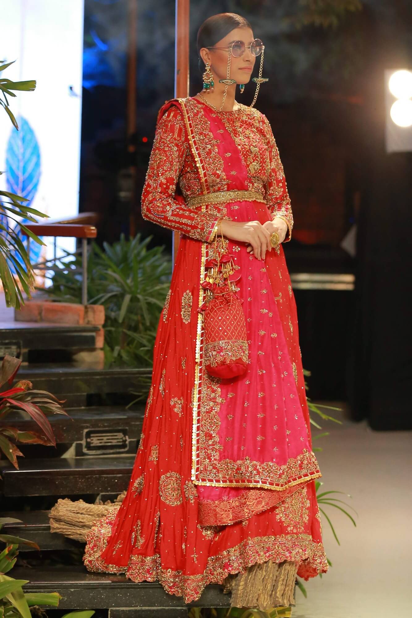 Red Zardozi Embroidered Raw Silk Lehenga Choli (3-Piece) - Image 1