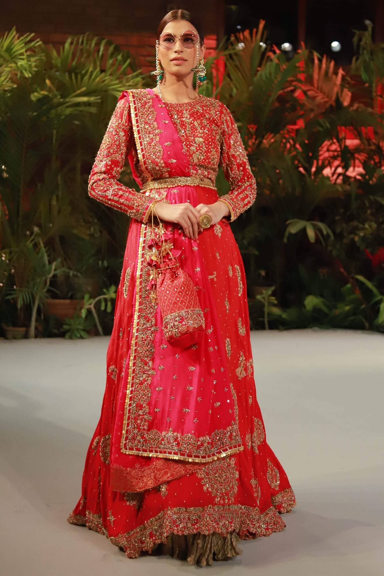 Red Zardozi Embroidered Raw Silk Lehenga Choli (3-Piece) - Image 2
