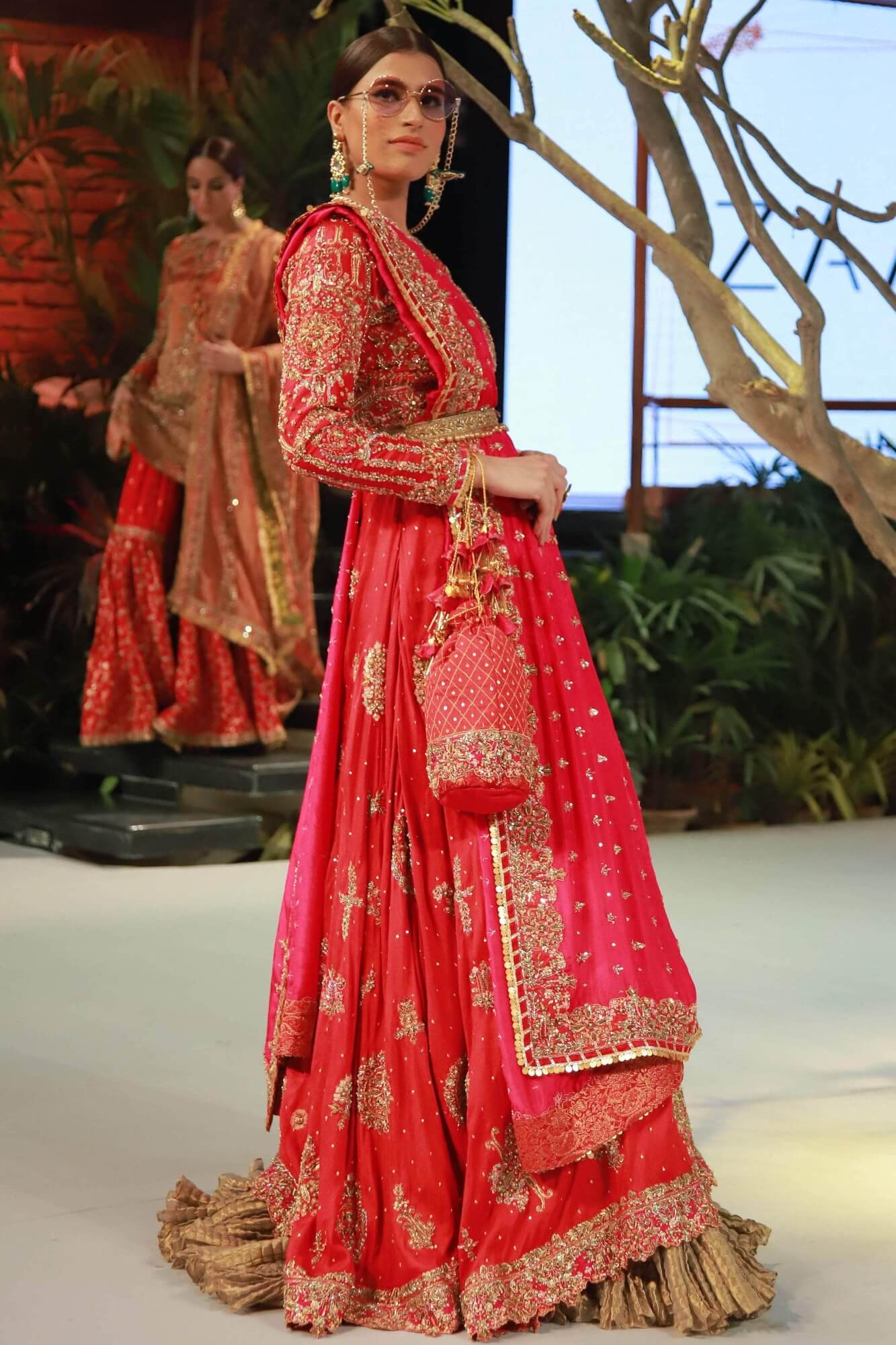 Red Zardozi Embroidered Raw Silk Lehenga Choli (3-Piece) - Image 5