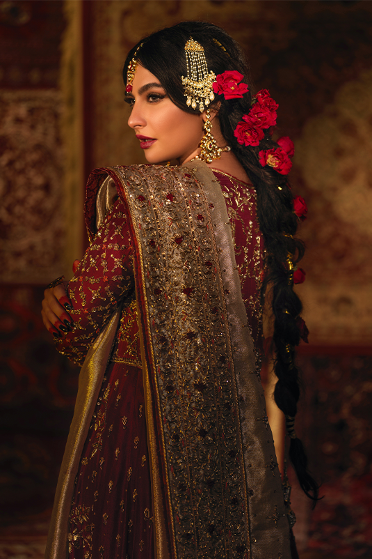 Pakistani Deep Crimson Zardozi PK Raw Silk Kalidaar Lehenga (3-Piece) - Image 1