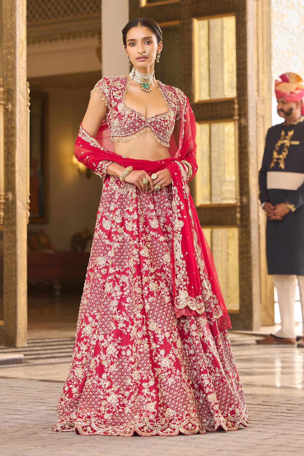 Indian Red Embroidered Raw Silk and Organza Bridal Lehenga (3-Piece) - Image 1