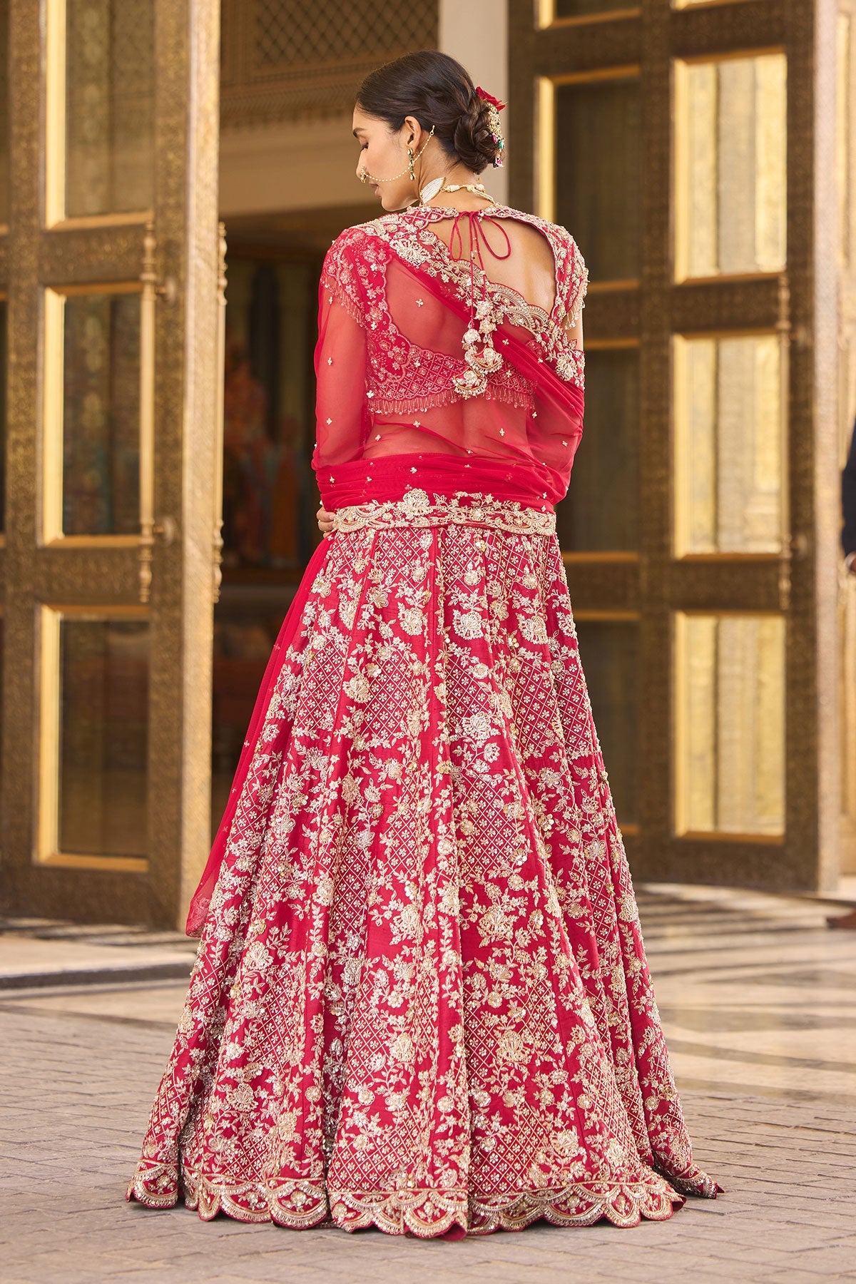 Indian Red Embroidered Raw Silk and Organza Bridal Lehenga (3-Piece) - Image 5