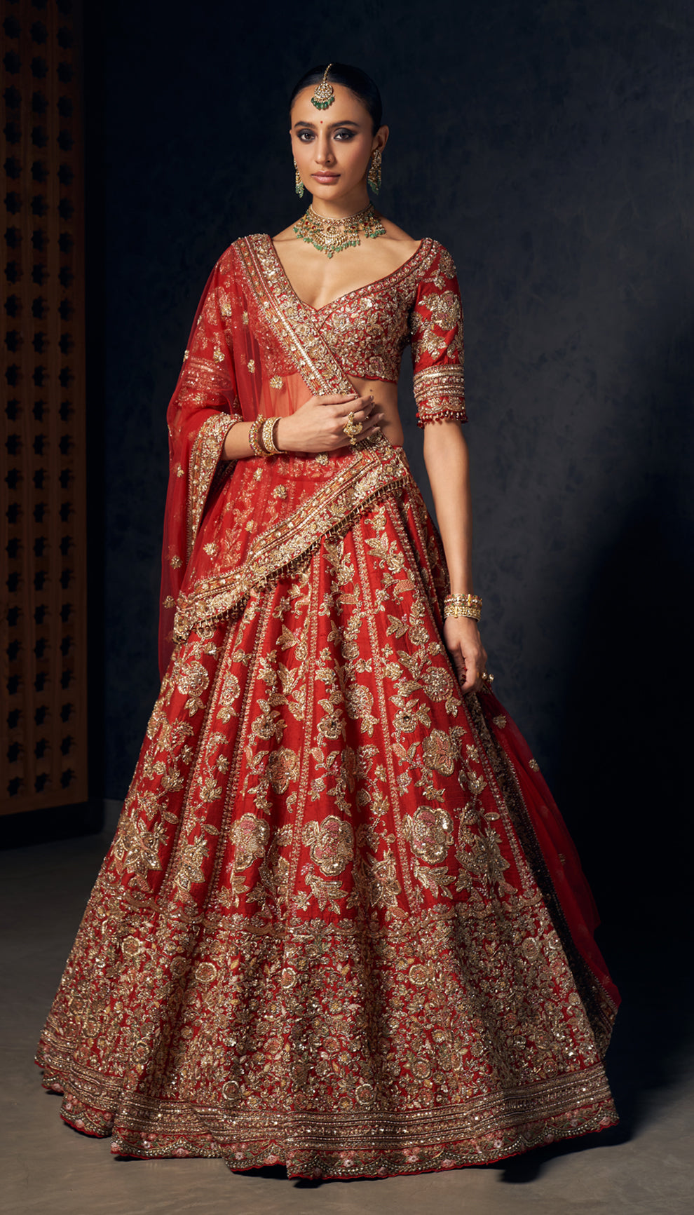 Deep Red Zardozi Raw Silk Bridal Lehenga (3-Piece) - Image 1