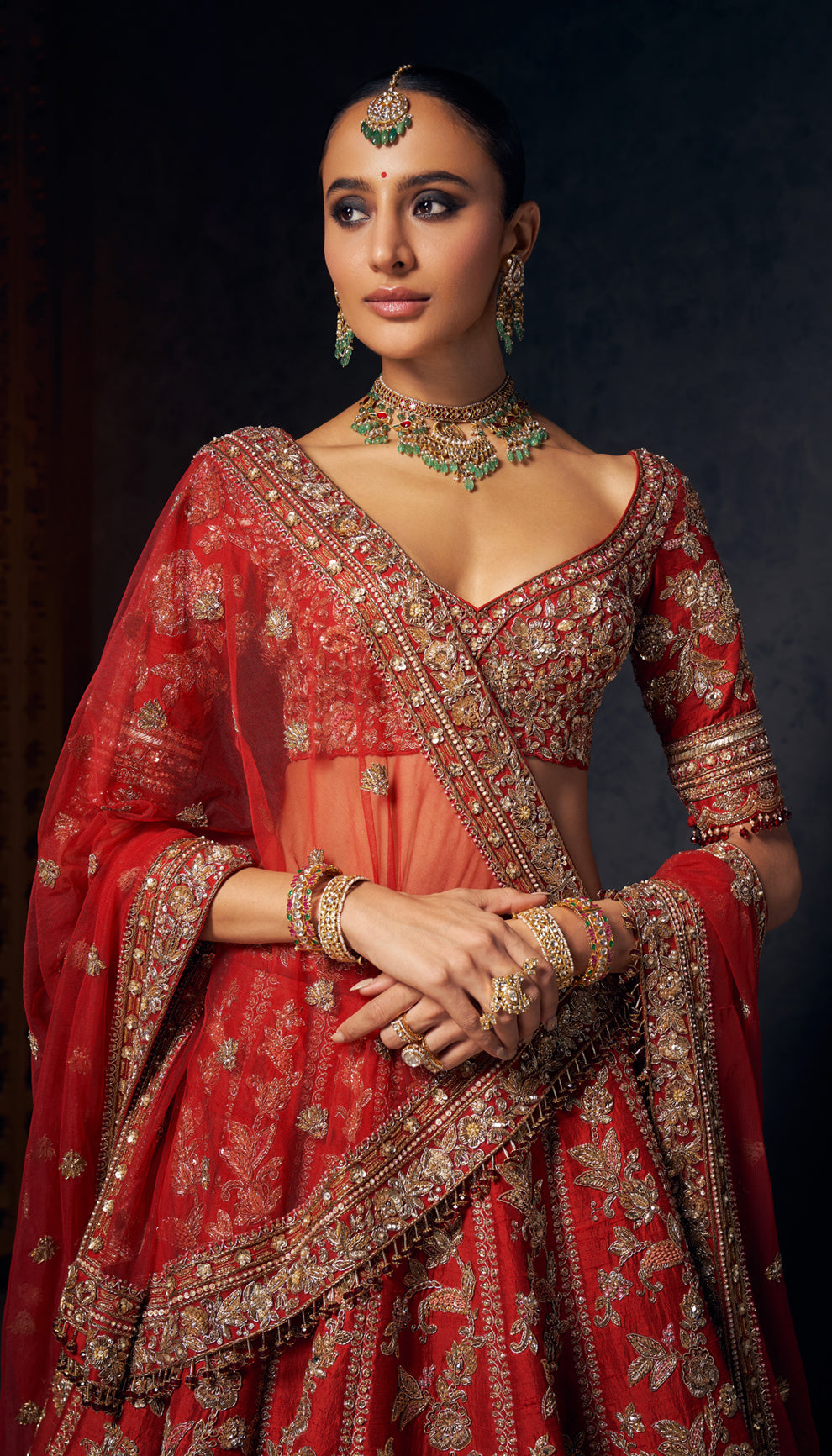 Deep Red Zardozi Raw Silk Bridal Lehenga (3-Piece) - Image 2