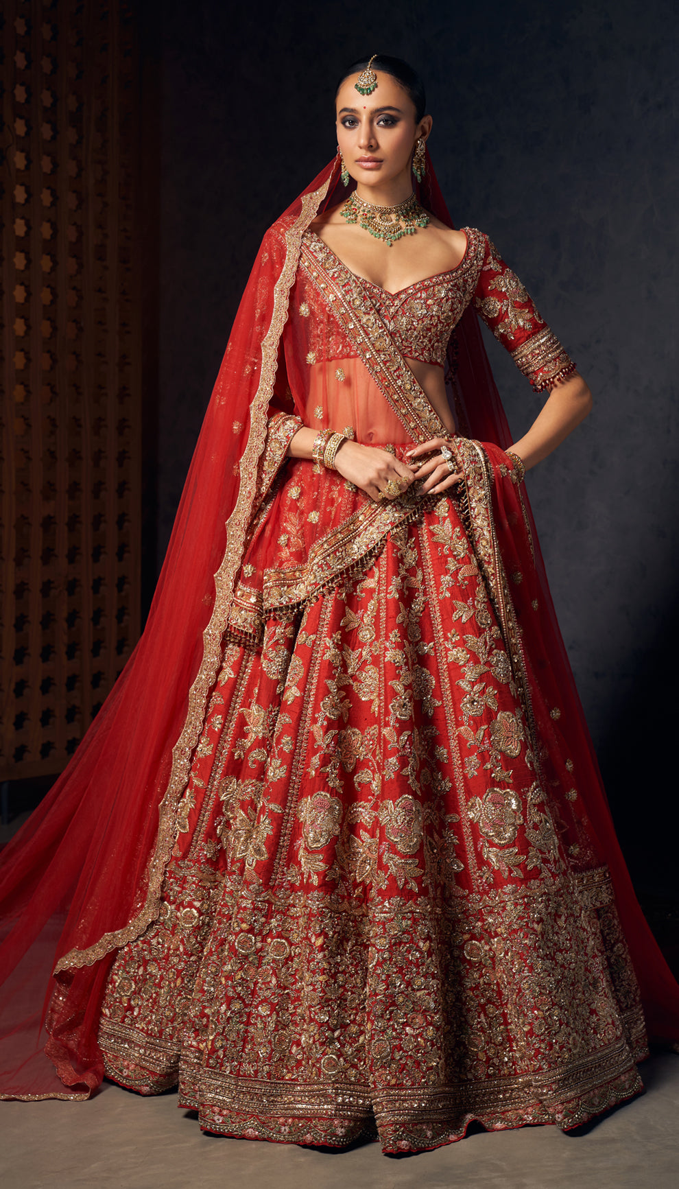 Deep Red Zardozi Raw Silk Bridal Lehenga (3-Piece) - Image 3