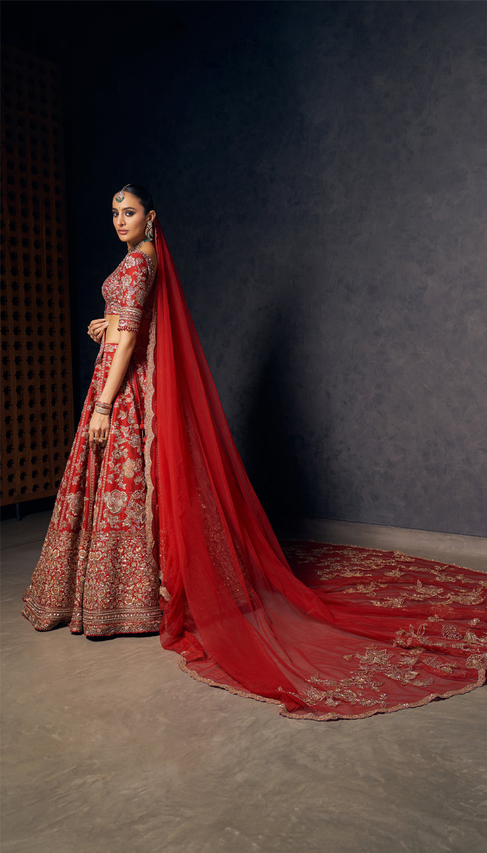 Deep Red Zardozi Raw Silk Bridal Lehenga (3-Piece) - Image 4