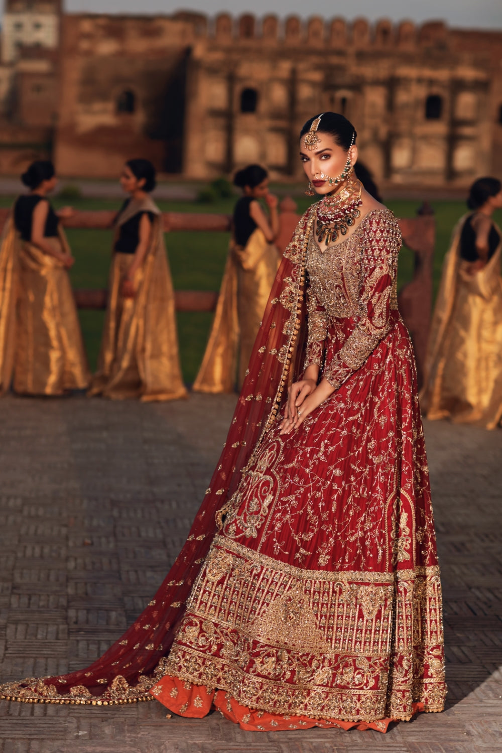 Deep Red Gold Embroidered Raw Silk Bridal Lehenga (3-Piece) - Image 4