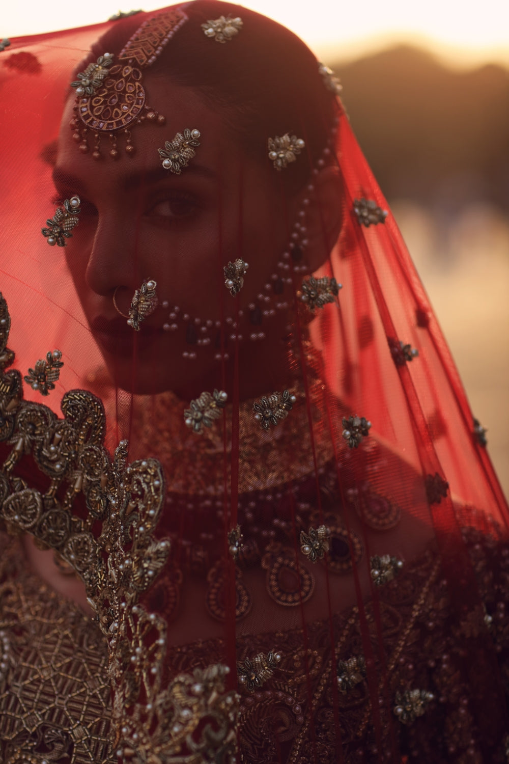 Deep Red Gold Embroidered Raw Silk Bridal Lehenga (3-Piece) - Image 5