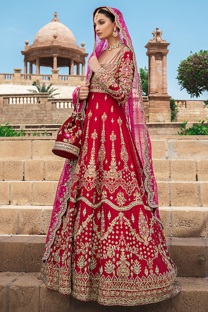 Pakistani Rosemary Red Zardozi Raw Silk Bridal Lehenga (3-Piece) - Image 1