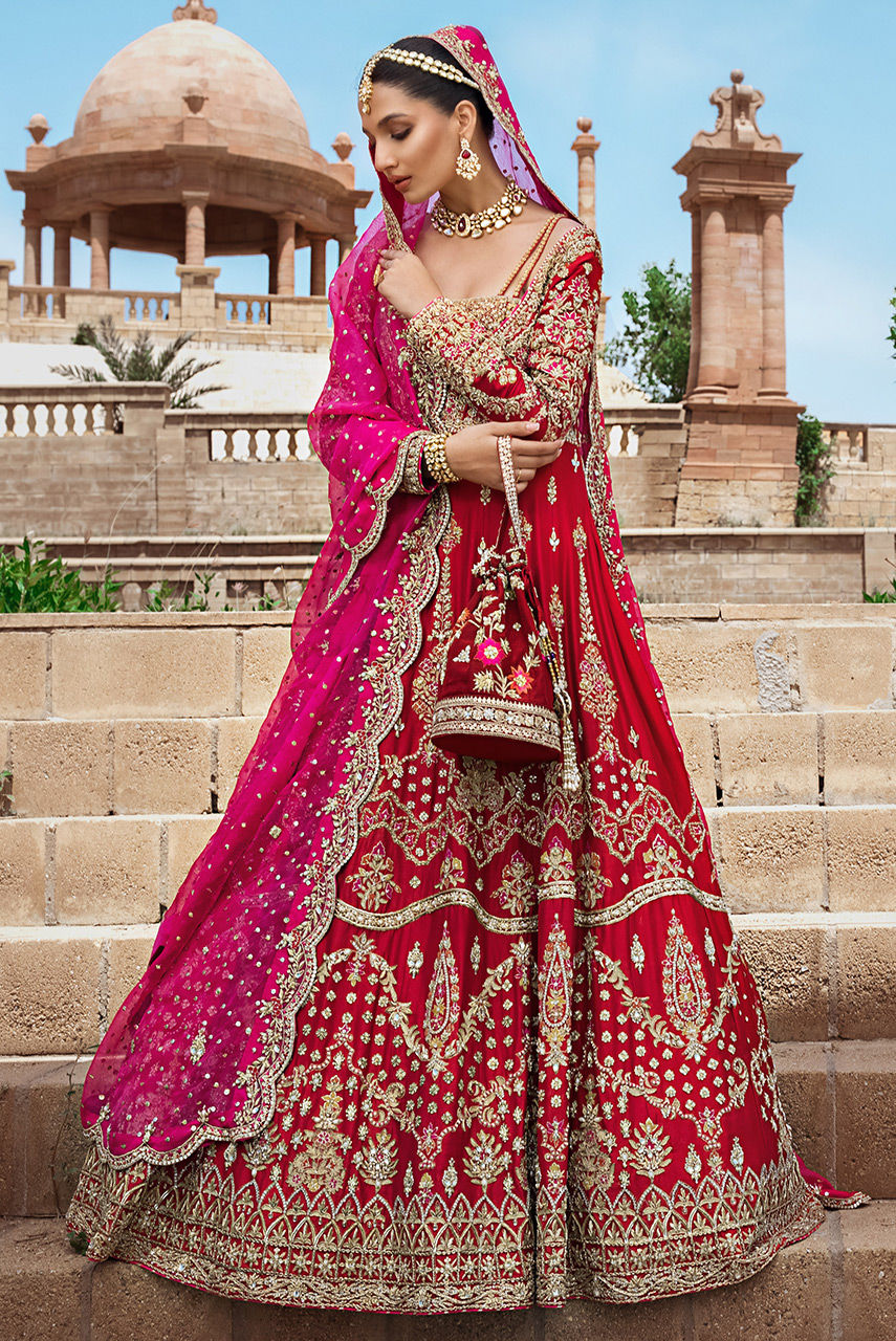 Pakistani Rosemary Red Zardozi Raw Silk Bridal Lehenga (3-Piece) - Image 2
