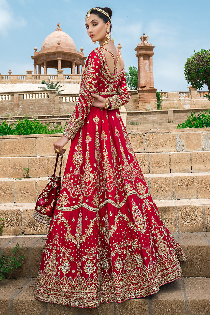 Pakistani Rosemary Red Zardozi Raw Silk Bridal Lehenga (3-Piece) - Image 3