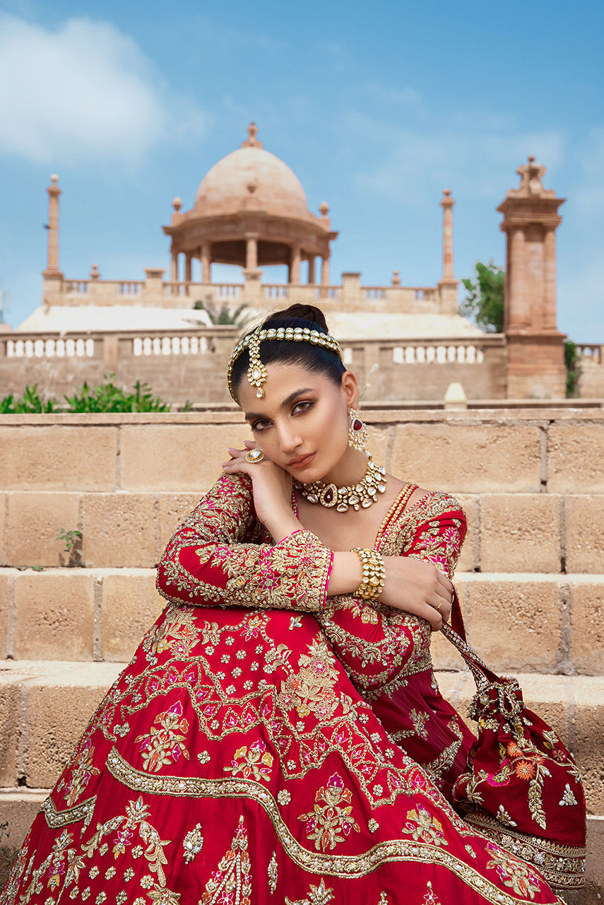 Pakistani Rosemary Red Zardozi Raw Silk Bridal Lehenga (3-Piece) - Image 5