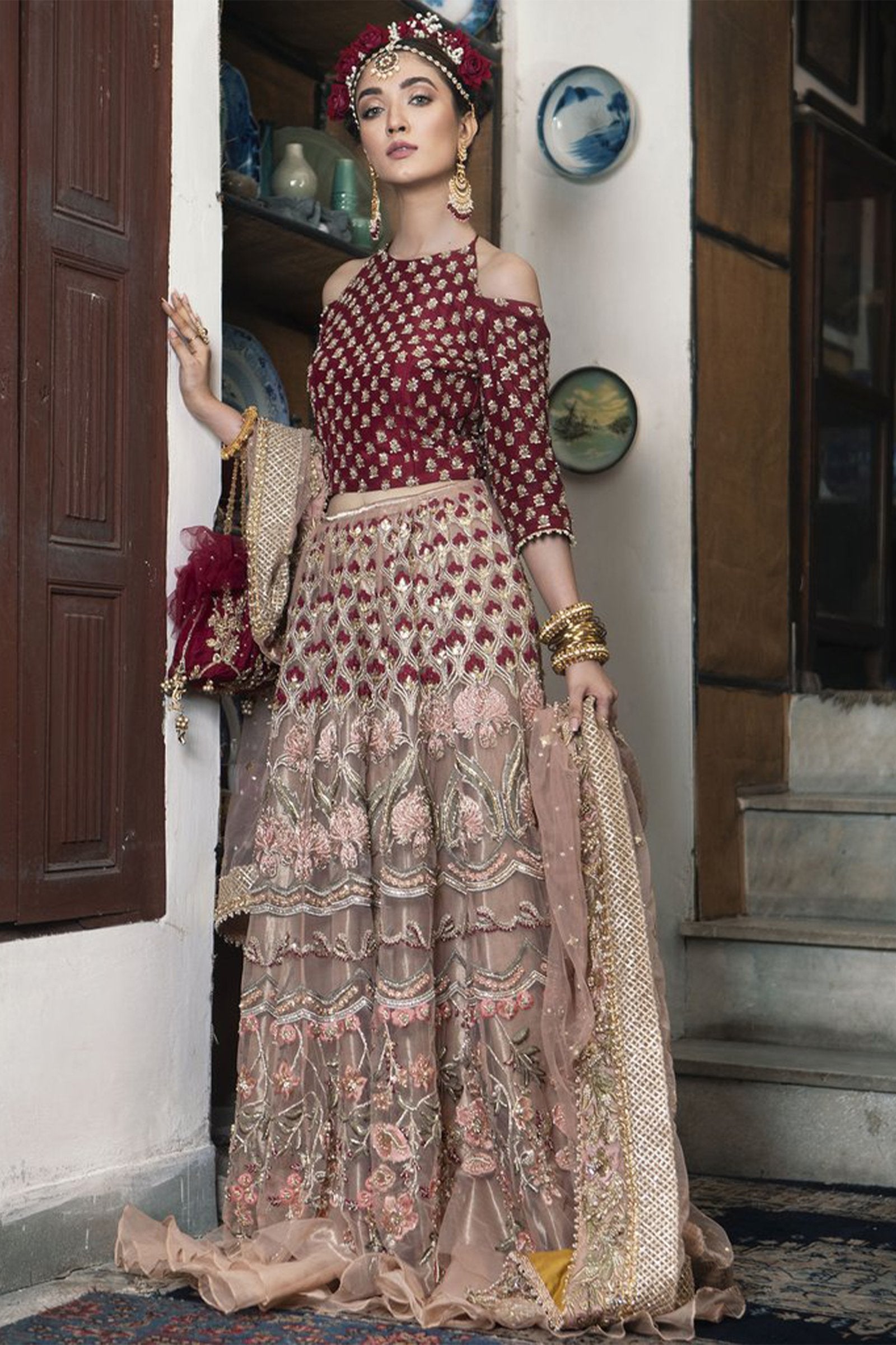 Pakistani Scarlet & Pastel Pink Zardozi Raw Silk Lehenga (3-Piece) - Image 1